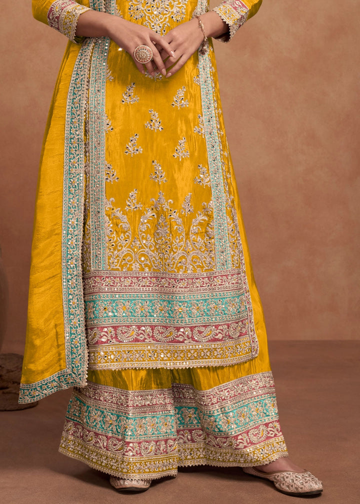 Golden Yellow Simar Silk Palazzo Suit Adorned with Floral Embroidery - House of Sarvati LLC