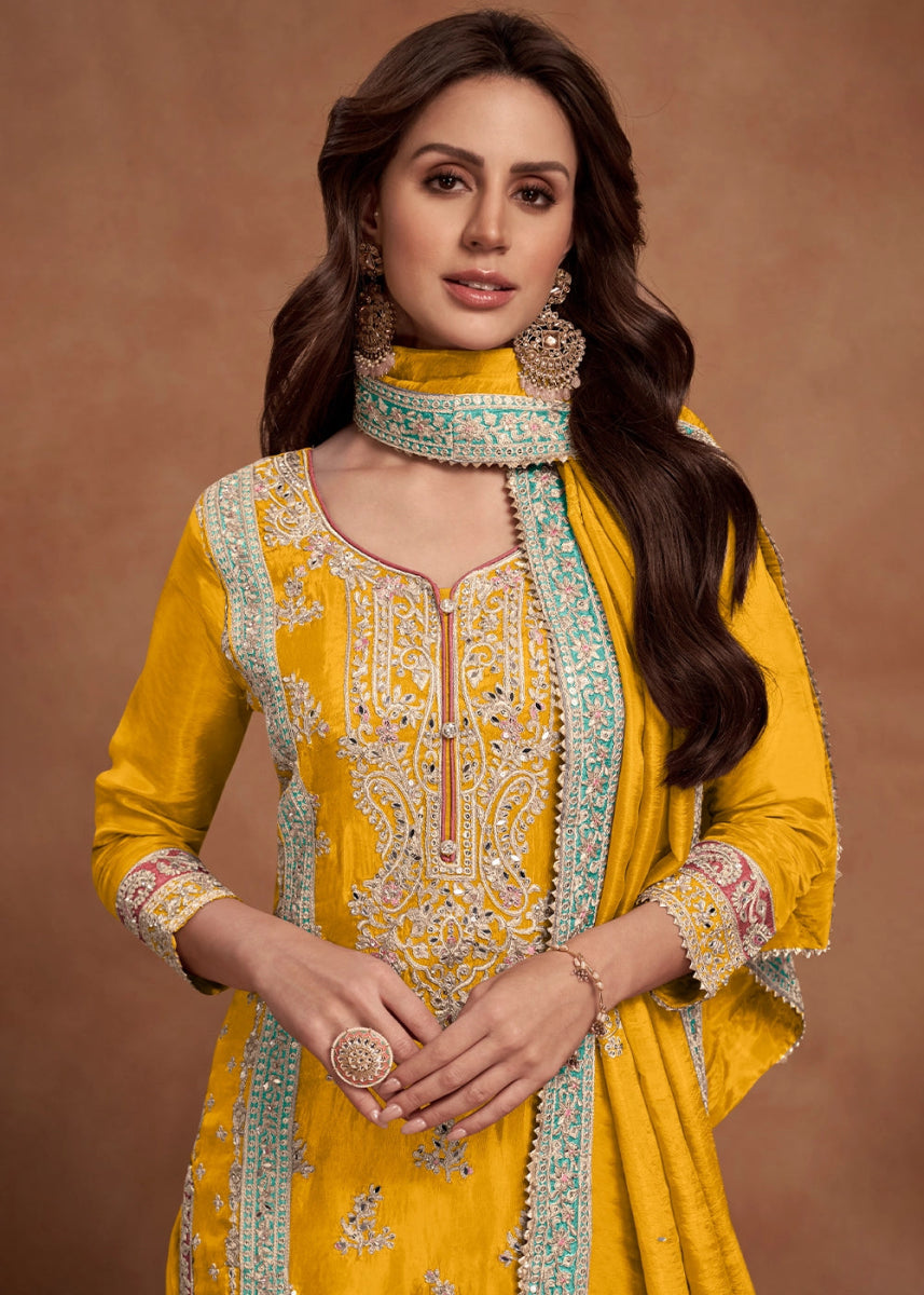 Golden Yellow Simar Silk Palazzo Suit Adorned with Floral Embroidery - House of Sarvati LLC