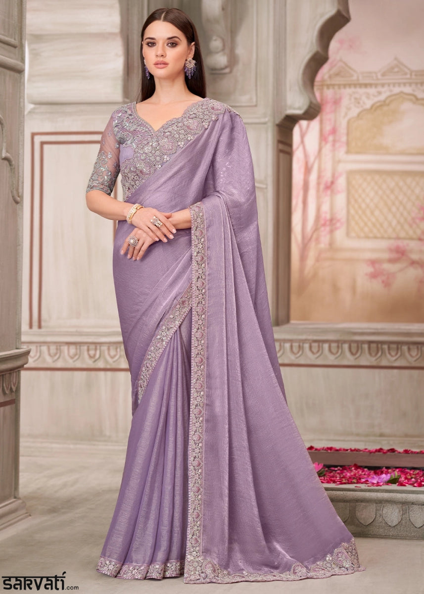 Good Tax Purple Chiffon Silk Silk Saree With Detailed Embroidery And Luxe Appeal - House of Sarvati LLC