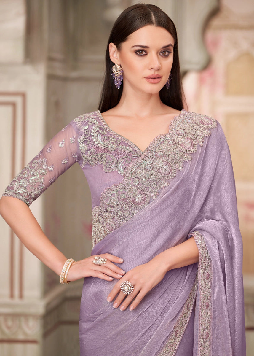 Good Tax Purple Chiffon Silk Silk Saree With Detailed Embroidery And Luxe Appeal - House of Sarvati LLC