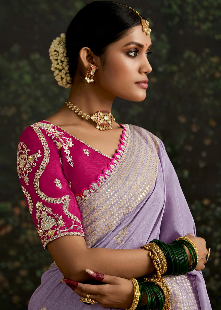 Good Tax Purple Zari Woven Dola Silk Saree with Embroidery Detailing - House of Sarvati LLC