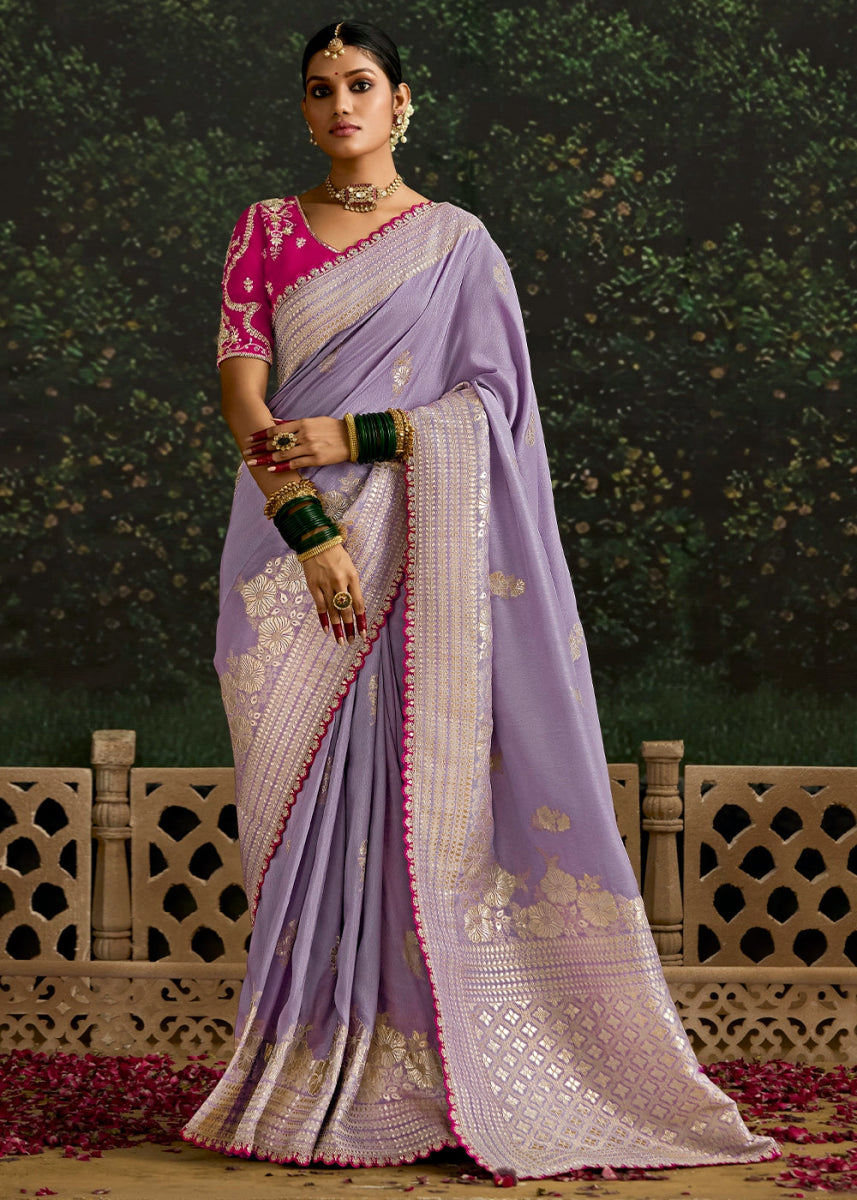 Good Tax Purple Zari Woven Dola Silk Saree with Embroidery Detailing - House of Sarvati LLC