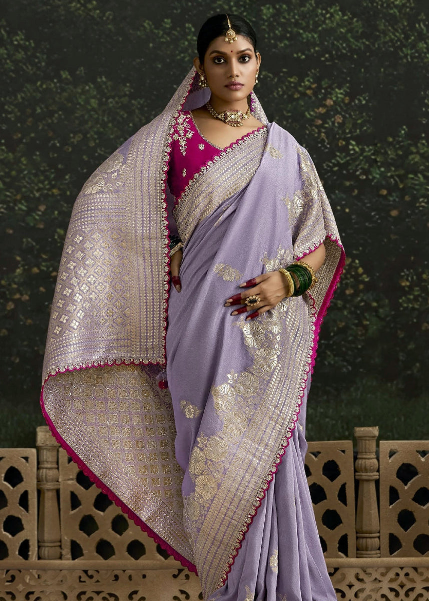Good Tax Purple Zari Woven Dola Silk Saree with Embroidery Detailing - House of Sarvati LLC