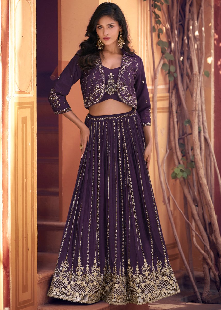 Grape Purple Chinon Silk Top & Skirt Set with Elegant Embroidered Jacket - House of Sarvati LLC