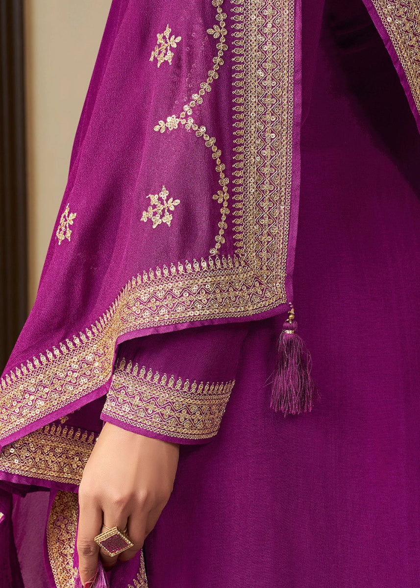 Grape Purple Embroidered Munga Silk Suit with Jacquard Floral Detailing - House of Sarvati LLC