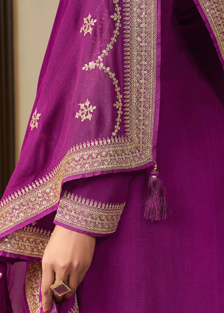 Grape Purple Embroidered Munga Silk Suit with Jacquard Floral Detailing - House of Sarvati LLC