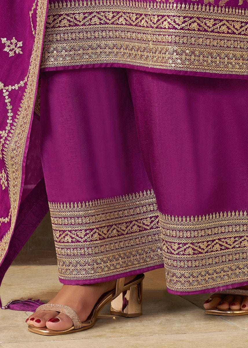 Grape Purple Embroidered Munga Silk Suit with Jacquard Floral Detailing - House of Sarvati LLC