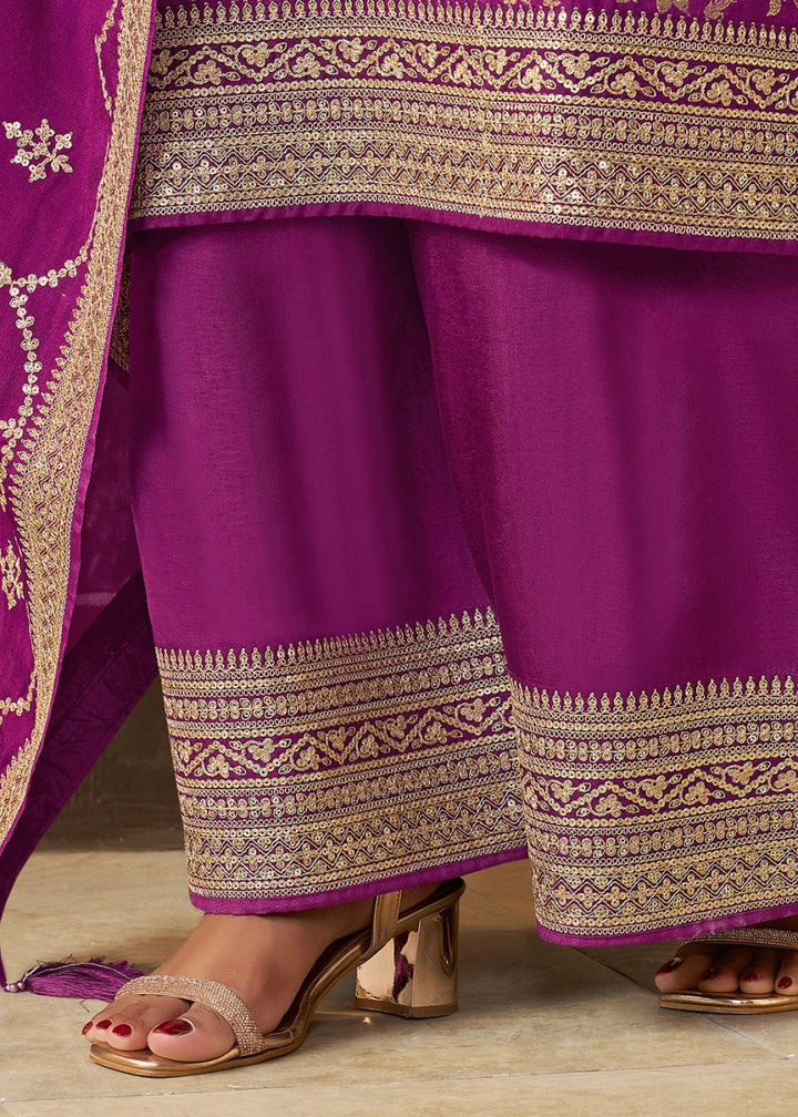 Grape Purple Embroidered Munga Silk Suit with Jacquard Floral Detailing - House of Sarvati LLC