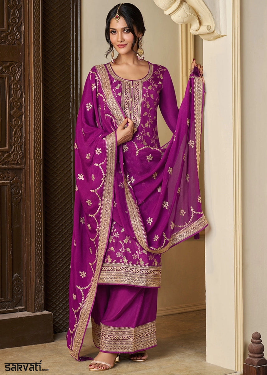 Grape Purple Embroidered Munga Silk Suit with Jacquard Floral Detailing - House of Sarvati LLC