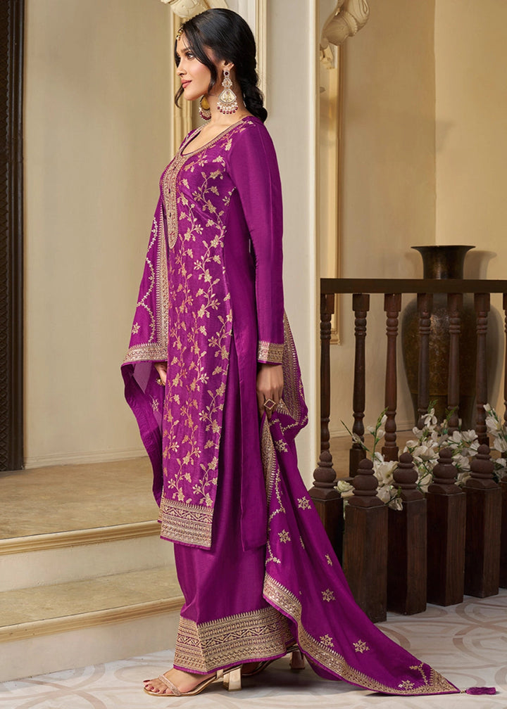 Grape Purple Embroidered Munga Silk Suit with Jacquard Floral Detailing - House of Sarvati LLC