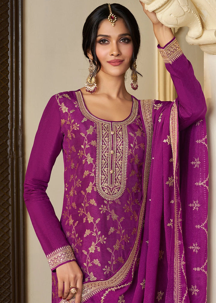 Grape Purple Embroidered Munga Silk Suit with Jacquard Floral Detailing - House of Sarvati LLC