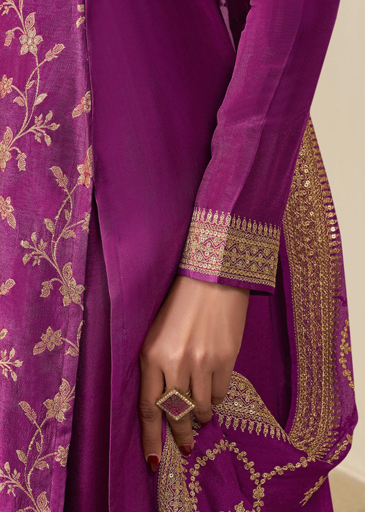 Grape Purple Embroidered Munga Silk Suit with Jacquard Floral Detailing - House of Sarvati LLC