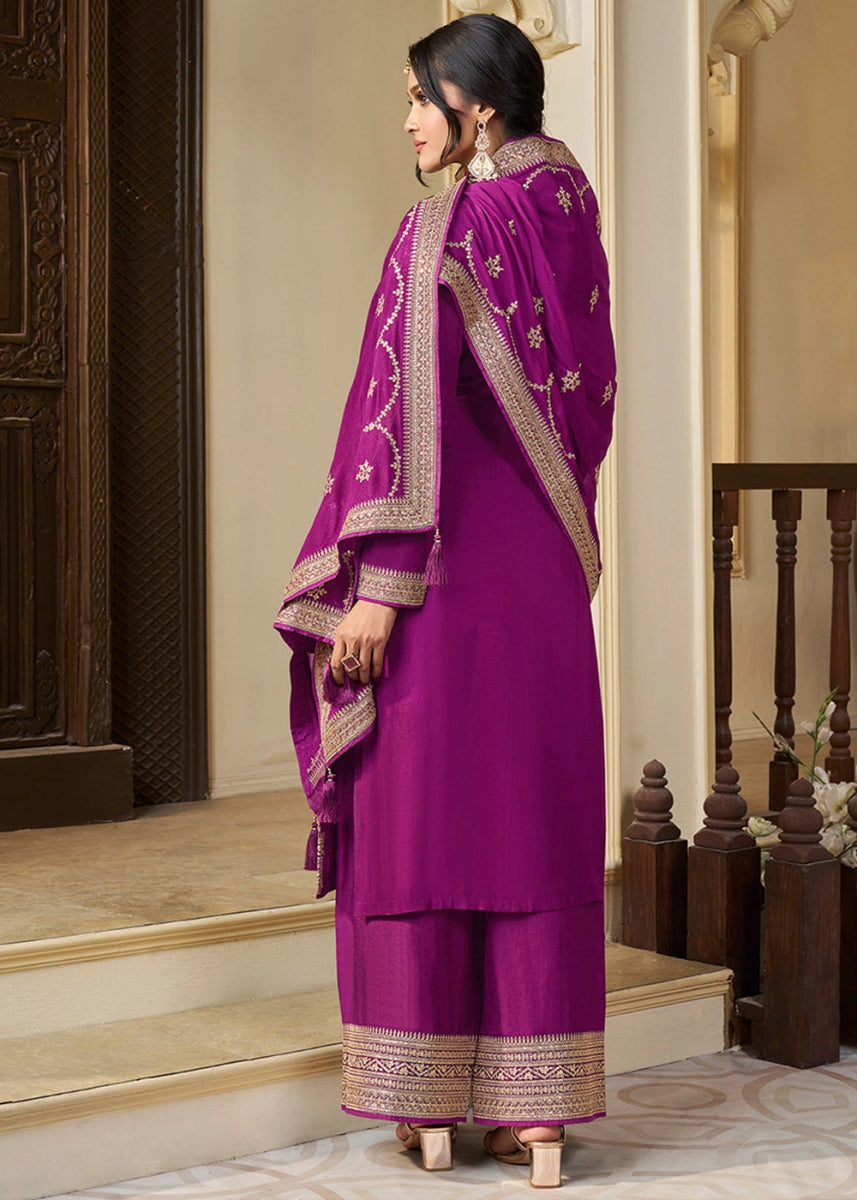 Grape Purple Embroidered Munga Silk Suit with Jacquard Floral Detailing - House of Sarvati LLC