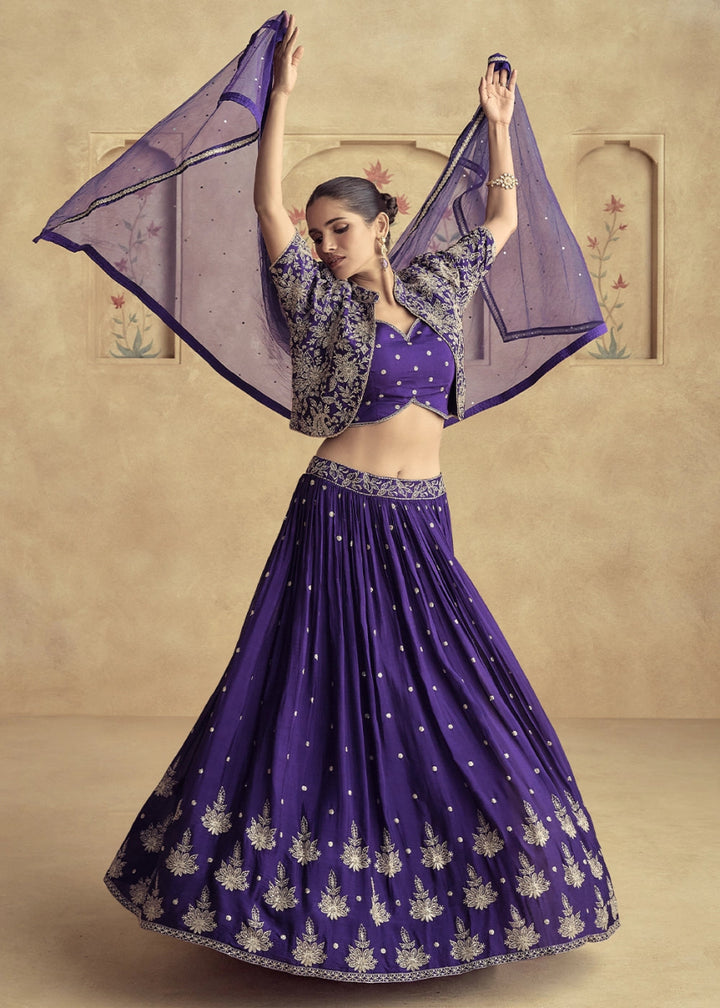 Grape Purple Floral Embroidered Skirt Top Set in Luxe Chinon Silk - House of Sarvati LLC