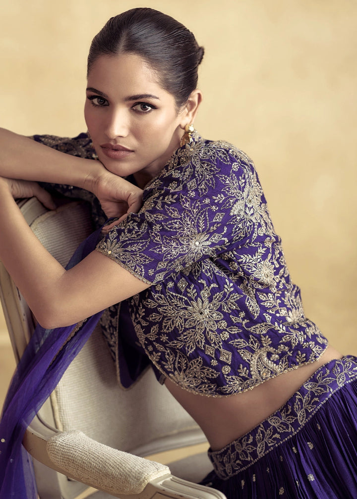 Grape Purple Floral Embroidered Skirt Top Set in Luxe Chinon Silk - House of Sarvati LLC