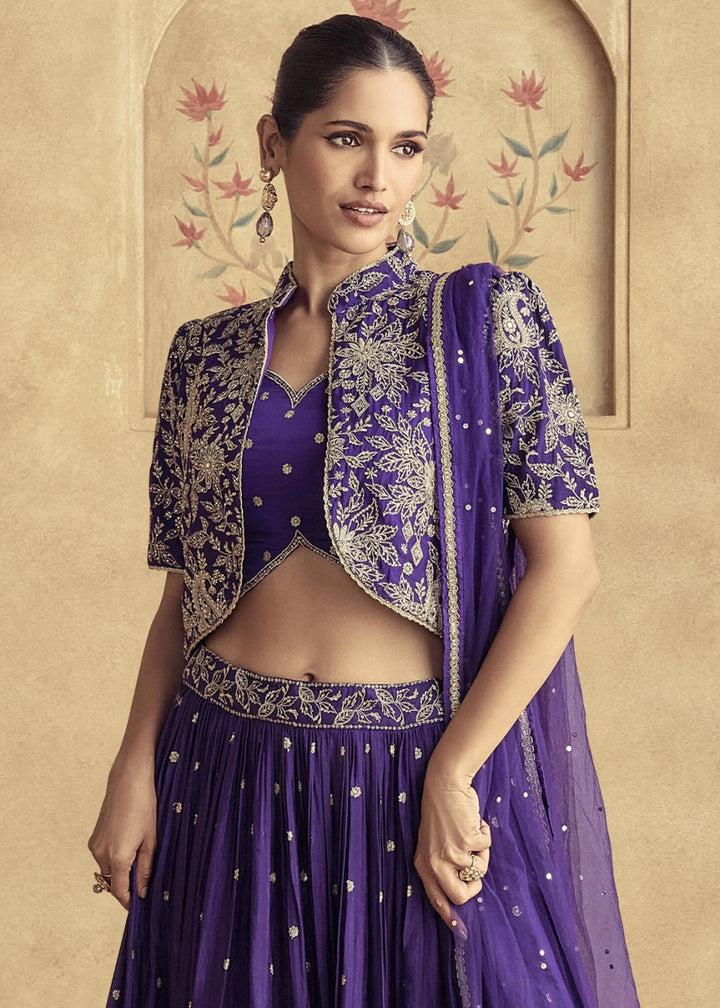 Grape Purple Floral Embroidered Skirt Top Set in Luxe Chinon Silk - House of Sarvati LLC