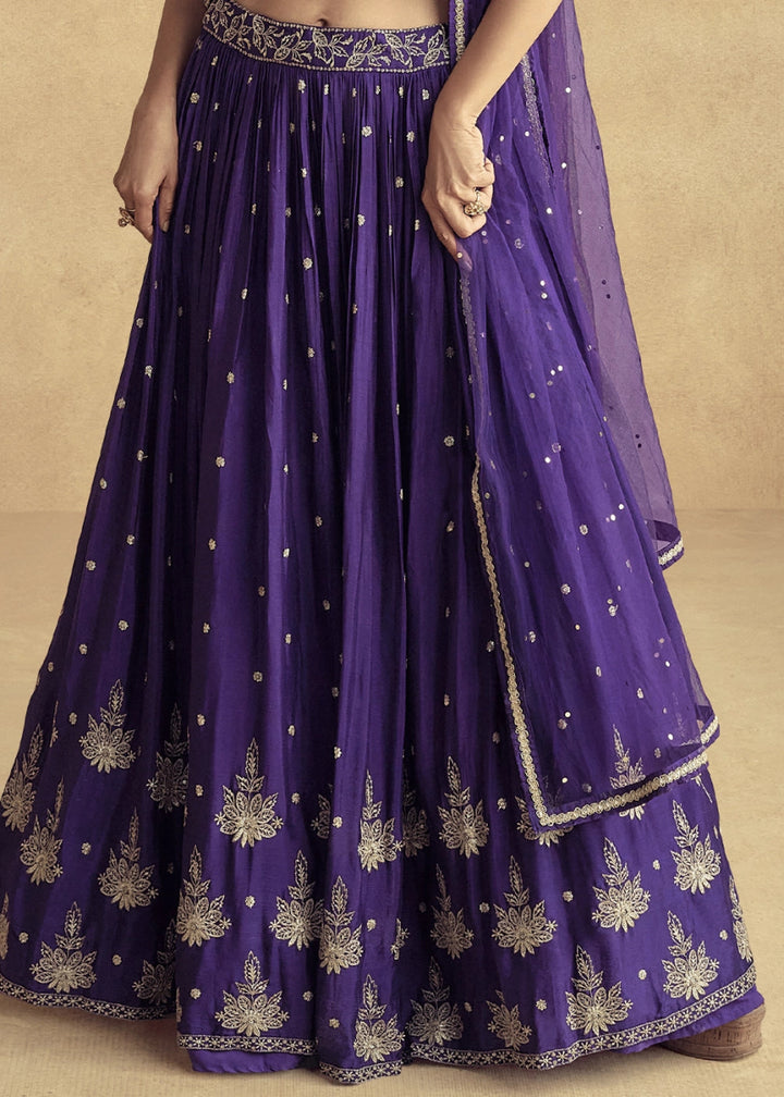 Grape Purple Floral Embroidered Skirt Top Set in Luxe Chinon Silk - House of Sarvati LLC