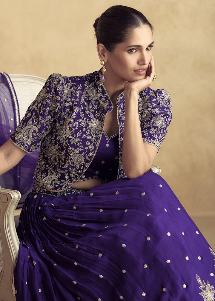 Grape Purple Floral Embroidered Skirt Top Set in Luxe Chinon Silk - House of Sarvati LLC