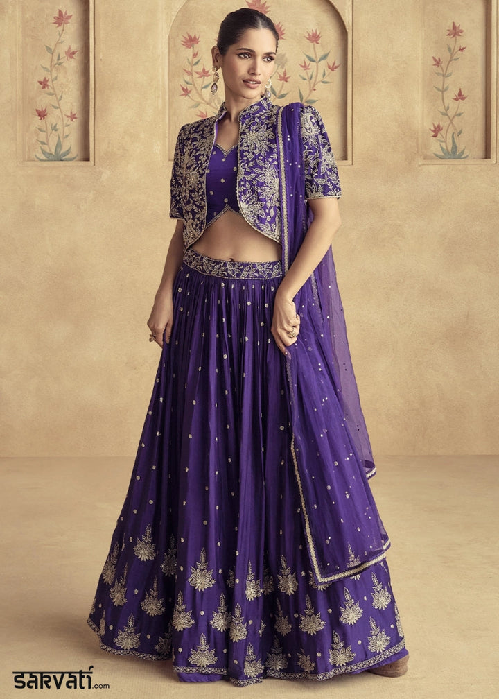 Grape Purple Floral Embroidered Skirt Top Set in Luxe Chinon Silk - House of Sarvati LLC