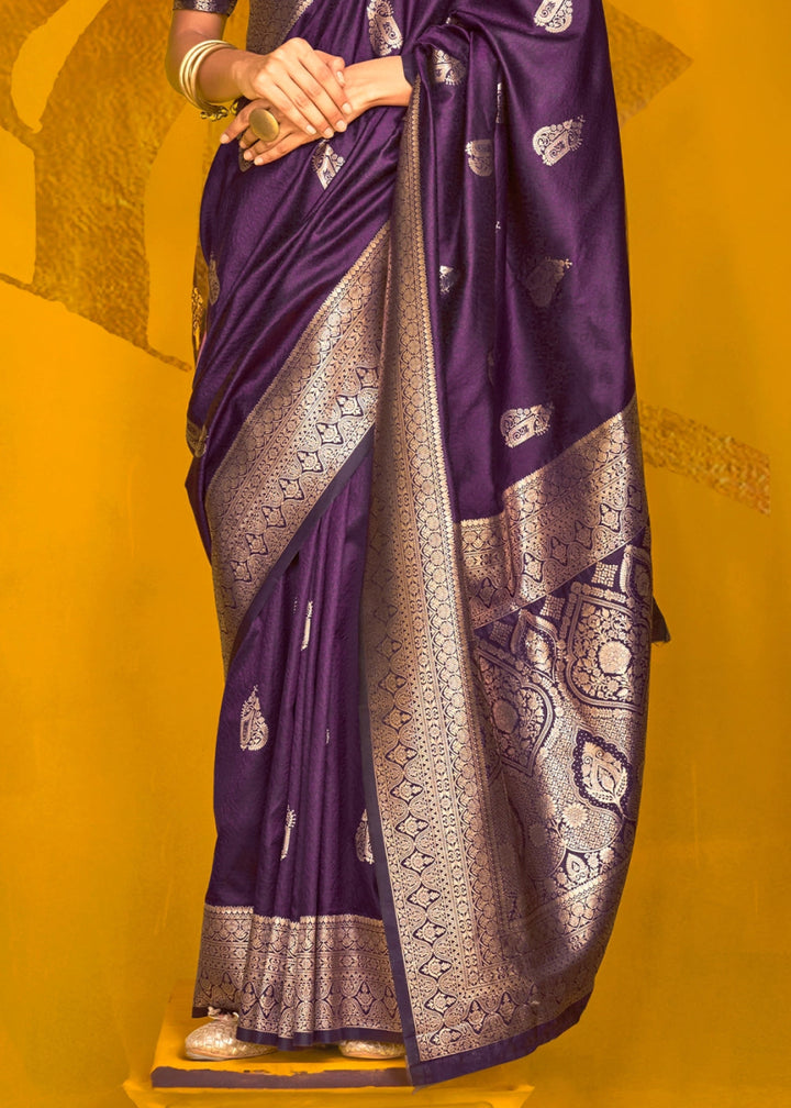 Grape Purple Silk Saree Handwoven with Brocade Blouse - House of Sarvati LLC