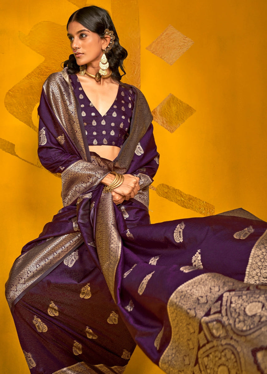 Grape Purple Silk Saree Handwoven with Brocade Blouse - House of Sarvati LLC