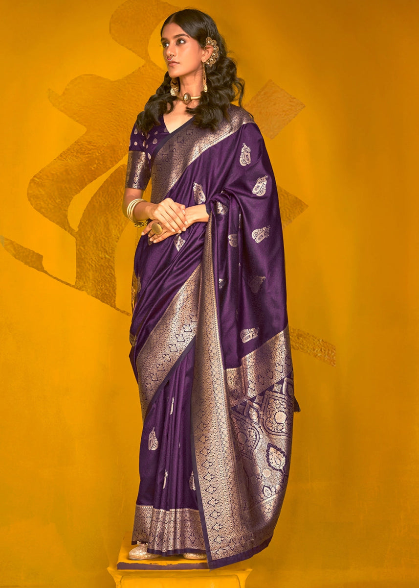 Grape Purple Silk Saree Handwoven with Brocade Blouse - House of Sarvati LLC