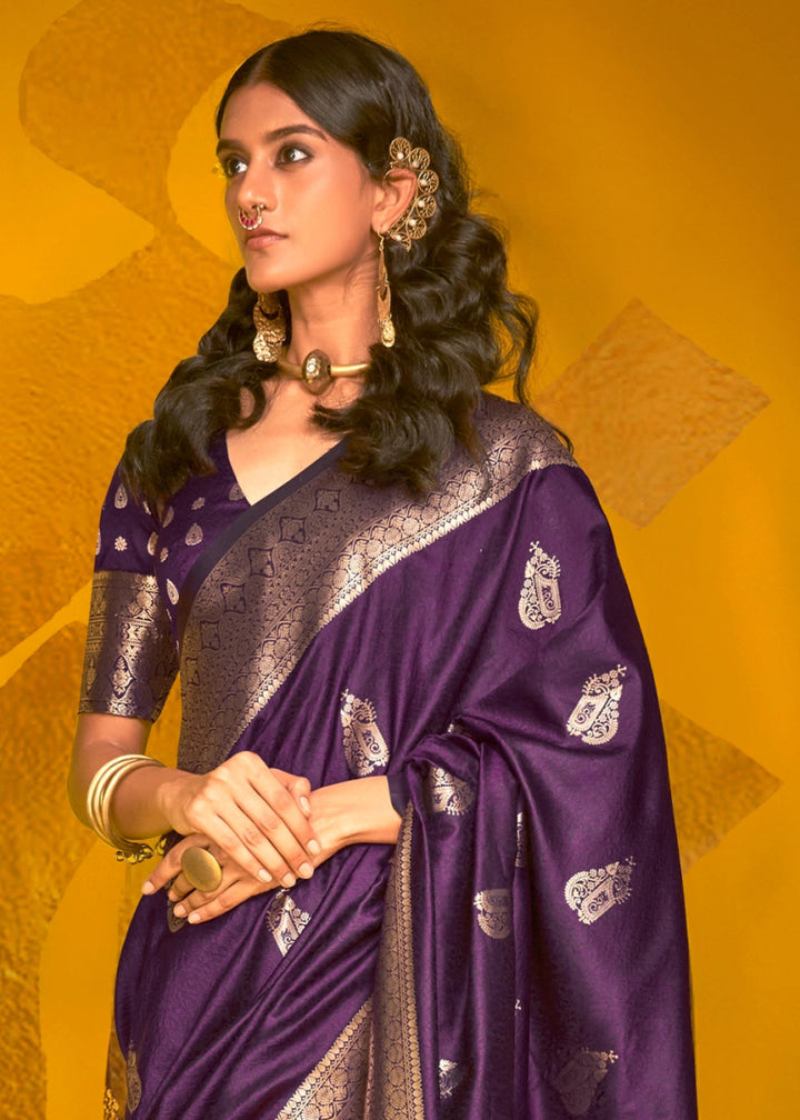 Grape Purple Silk Saree Handwoven with Brocade Blouse - House of Sarvati LLC