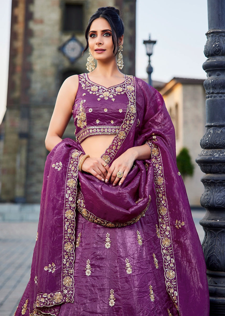 Grape Purple Tissue Lehenga Featuring Exquisite Floral & Bead Work - House of Sarvati LLC