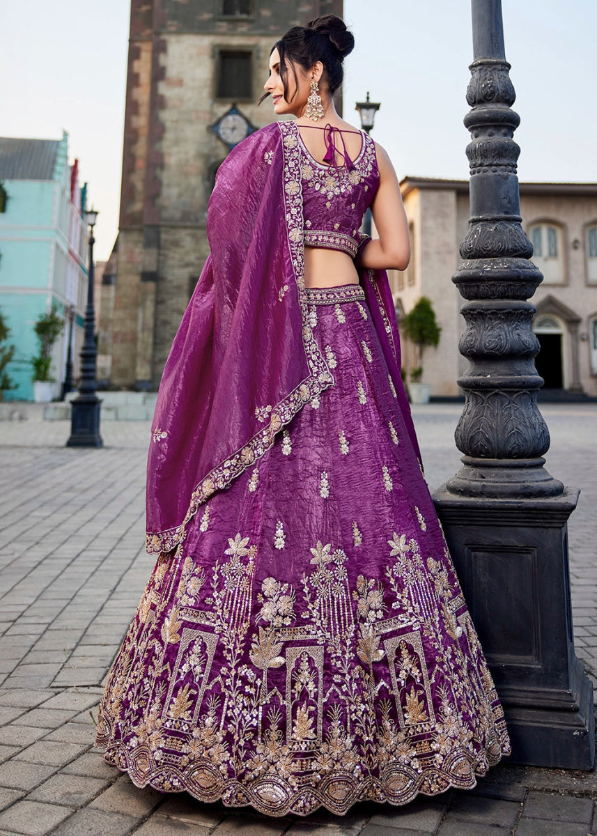 Grape Purple Tissue Lehenga Featuring Exquisite Floral & Bead Work - House of Sarvati LLC