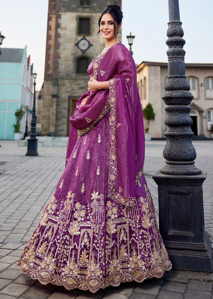 Grape Purple Tissue Lehenga Featuring Exquisite Floral & Bead Work - House of Sarvati LLC