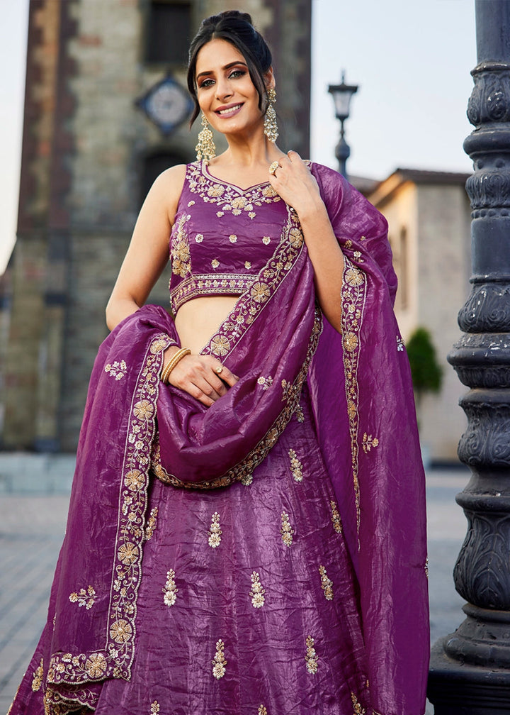 Grape Purple Tissue Lehenga Featuring Exquisite Floral & Bead Work - House of Sarvati LLC