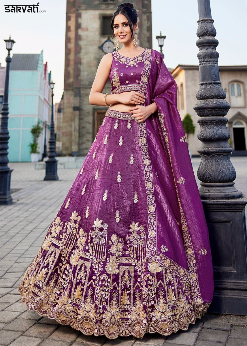 Grape Purple Tissue Lehenga Featuring Exquisite Floral & Bead Work - House of Sarvati LLC
