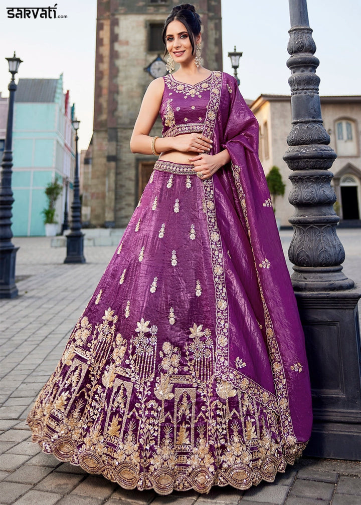 Grape Purple Tissue Lehenga Featuring Exquisite Floral & Bead Work - House of Sarvati LLC