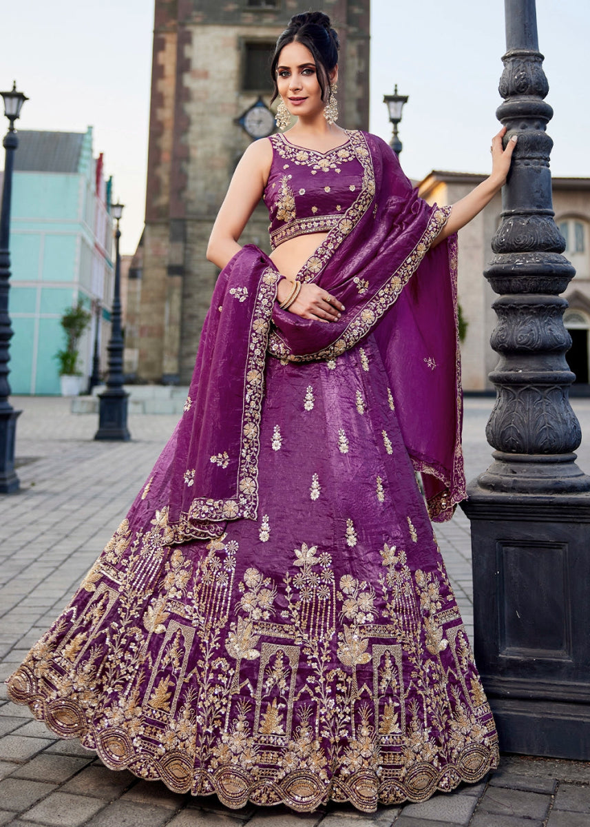 Grape Purple Tissue Lehenga Featuring Exquisite Floral & Bead Work - House of Sarvati LLC
