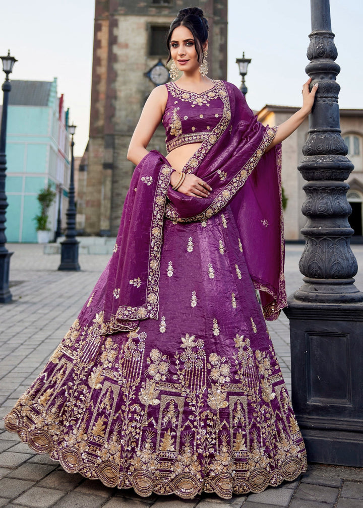 Grape Purple Tissue Lehenga Featuring Exquisite Floral & Bead Work - House of Sarvati LLC
