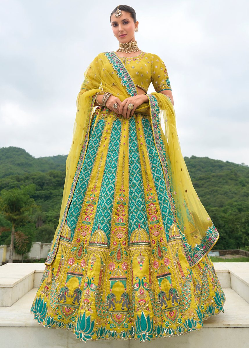 Green & Blue Banarasi Silk Lehenga with Heavy Khatli & Embroidery Work - House of Sarvati LLC