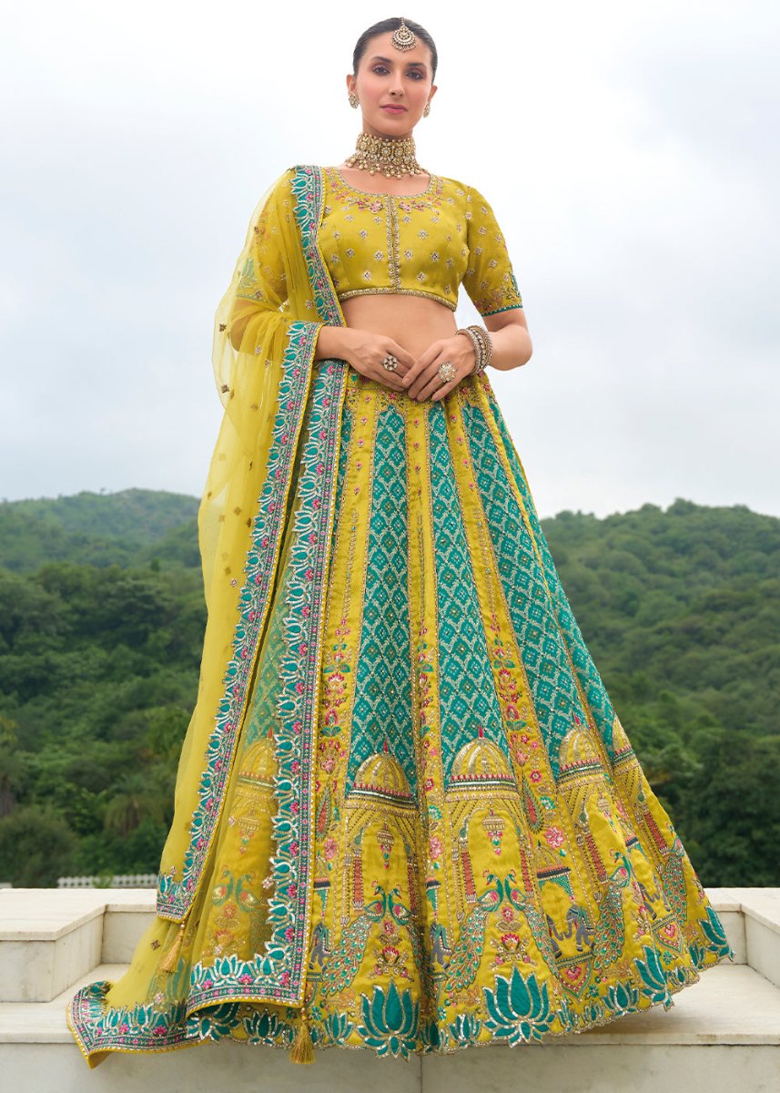 Green & Blue Banarasi Silk Lehenga with Heavy Khatli & Embroidery Work - House of Sarvati LLC