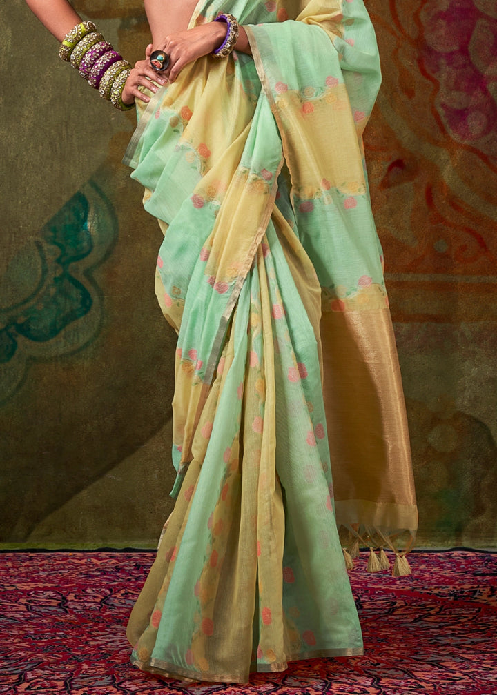 Green & Blue Rangkaat Handloom Woven Cotton Silk Saree - House of Sarvati LLC