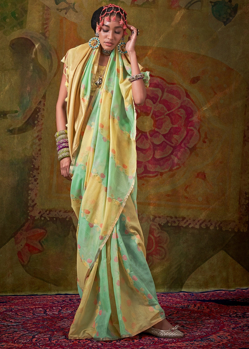 Green & Blue Rangkaat Handloom Woven Cotton Silk Saree - House of Sarvati LLC