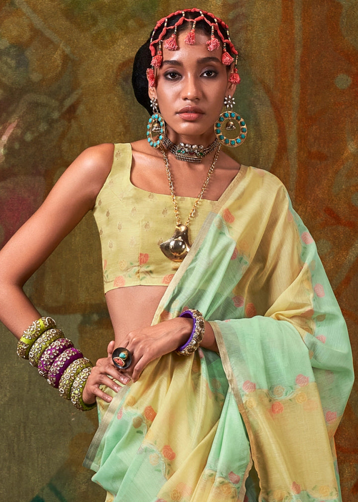 Green & Blue Rangkaat Handloom Woven Cotton Silk Saree - House of Sarvati LLC