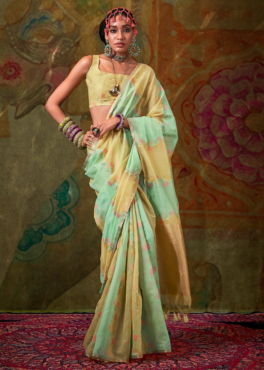 Green & Blue Rangkaat Handloom Woven Cotton Silk Saree - House of Sarvati LLC