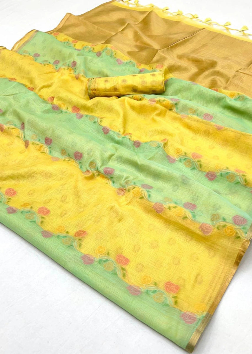 Green & Blue Rangkaat Handloom Woven Cotton Silk Saree - House of Sarvati LLC