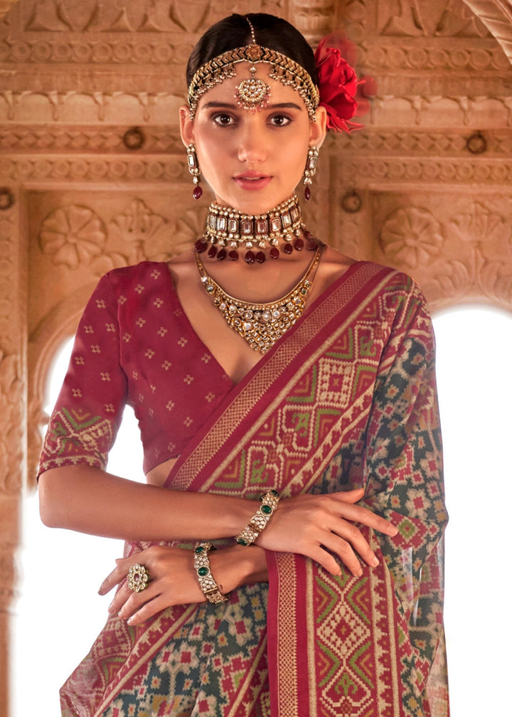 Green & Pink Georgette Silk Saree with Ethnic Patola Print - House of Sarvati LLC