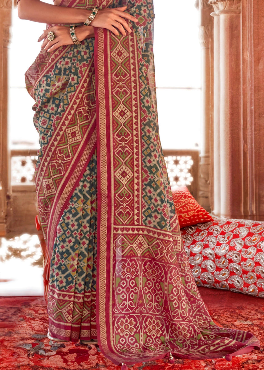 Green & Pink Georgette Silk Saree with Ethnic Patola Print - House of Sarvati LLC