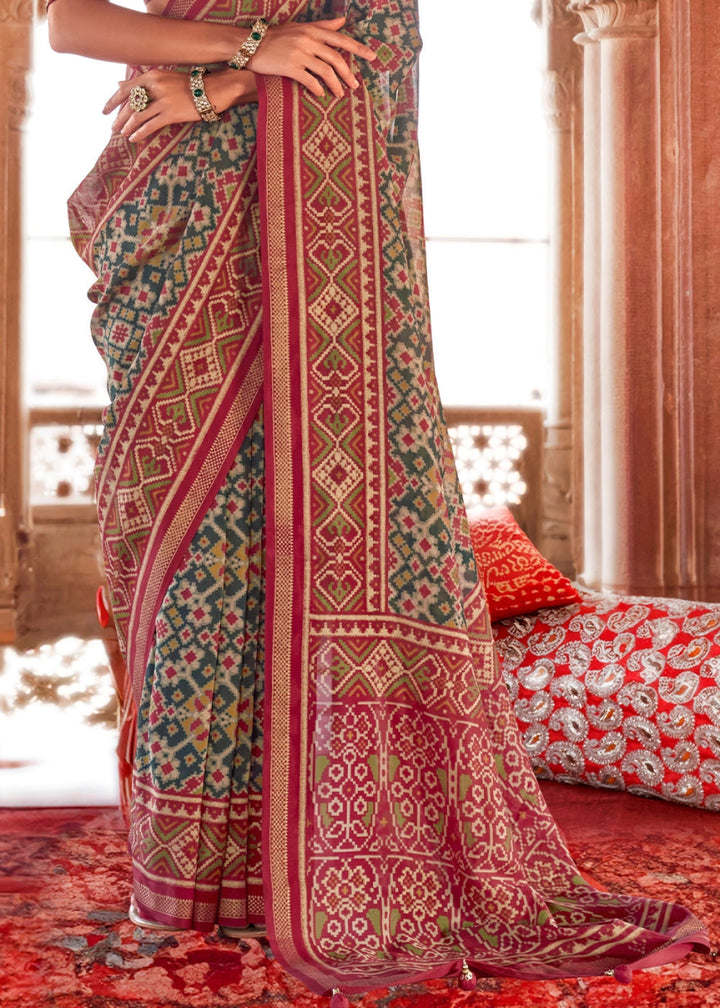 Green & Pink Georgette Silk Saree with Ethnic Patola Print - House of Sarvati LLC