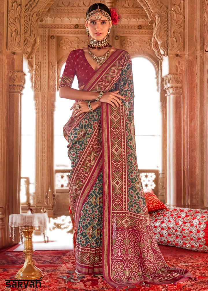 Green & Pink Georgette Silk Saree with Ethnic Patola Print - House of Sarvati LLC