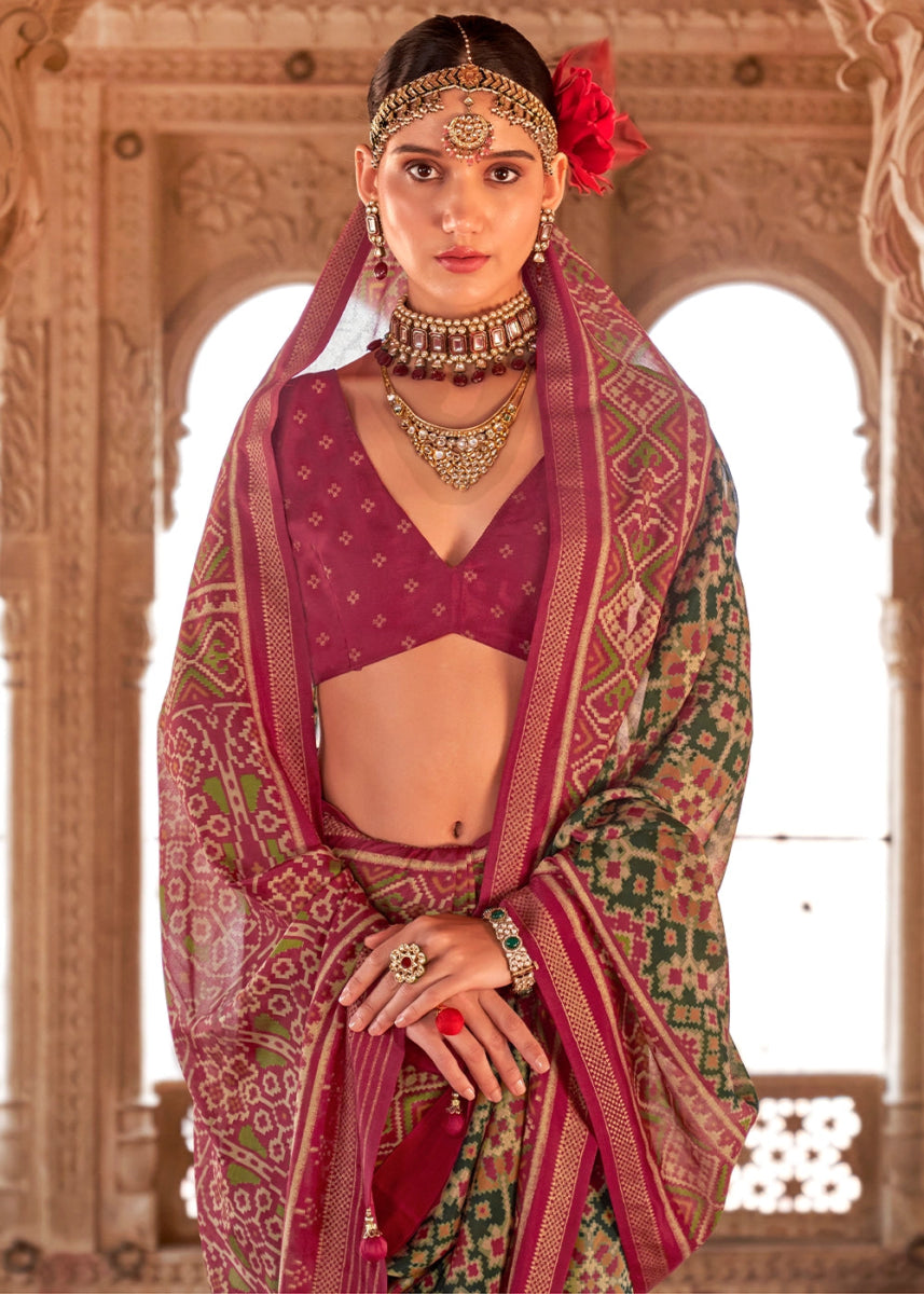 Green & Pink Georgette Silk Saree with Ethnic Patola Print - House of Sarvati LLC