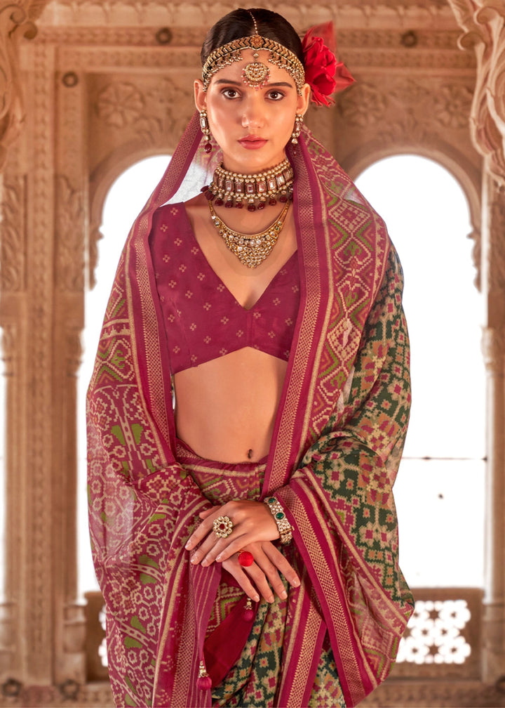 Green & Pink Georgette Silk Saree with Ethnic Patola Print - House of Sarvati LLC