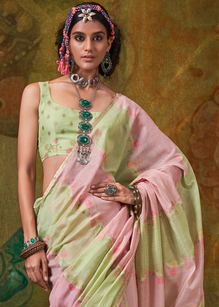 Green & Pink Rangkaat Handloom Woven Cotton Silk Saree - House of Sarvati LLC