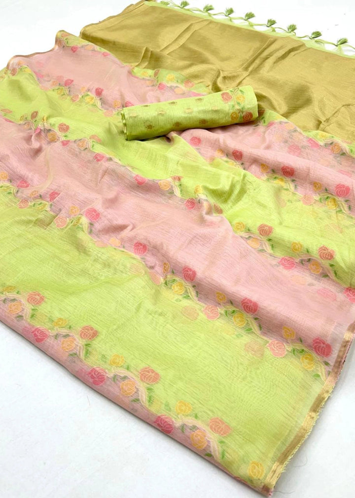 Green & Pink Rangkaat Handloom Woven Cotton Silk Saree - House of Sarvati LLC